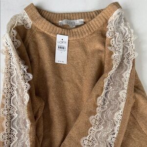 LOFT Camel Sweater with White Lace Accents